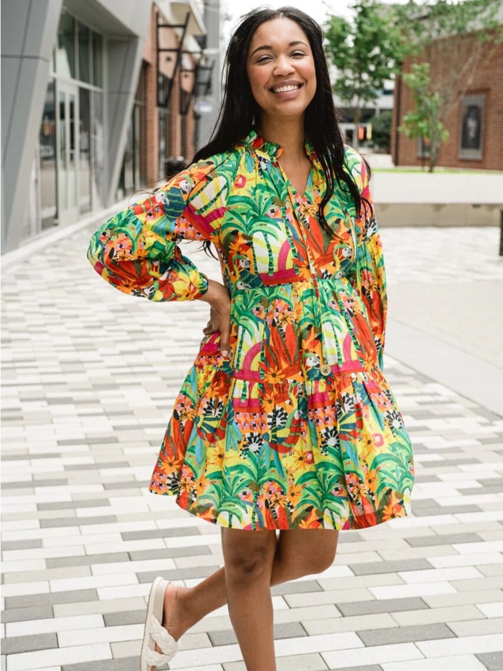 Tropical Print Tiered Mini Dress - Green & Multicolor Briton court size M